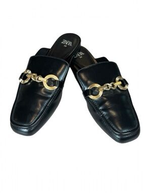 Zara Black Chain Mule Loafers Gold Hardware Square Toe Size 39 US 8.5 EUC
